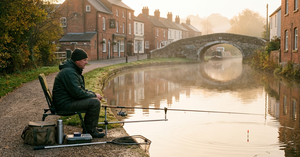 A wide-angle, sun-drenched photograph captures a lone angler fishing peacefully on the banks of a calm canal in a quintessential English town at sunrise.

The scene is framed by a row of traditional red-brick buildings lining the left bank, their warm tones glowing in the soft, golden light. A classic stone humpback bridge arches over the canal in the distance, with a single, colorful narrowboat moored gently beneath it, partially obscured by the morning mist.

In the foreground, an angler, dressed in a dark green hooded jacket, dark trousers, and a beanie, is seated comfortably in a portable folding fishing chair. They are positioned on the gravel towpath, facing the bridge, with their back to the left bank. A fishing rod is securely extended on a rest, with the line and a bright orange and red float visible just offshore, making subtle ripples in the water.

A collection of fishing gear, including a large canvas tackle bag and a metal thermos flask, sits on the ground next to the chair. A large fishing net is positioned nearby.

The canal itself is smooth, reflecting the warm glow of the rising sun and the architectural details of the buildings and bridge. Soft morning mist hangs low over the water and the distant background, adding to the tranquil atmosphere. The overall feeling is one of quiet solitude and simple, outdoor relaxation.
