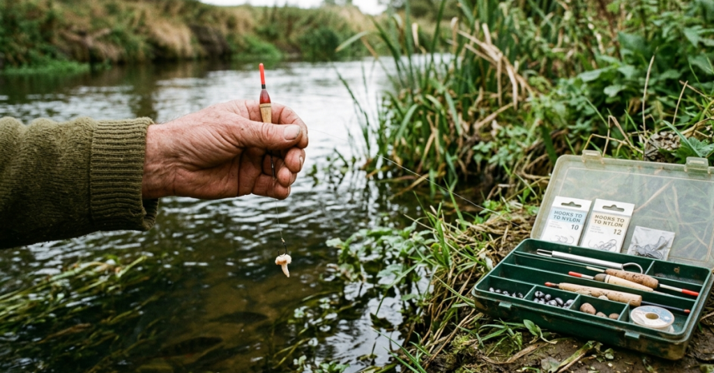 A close-up photograph taken from a bankside perspective, capturing a person preparing to fish in a slow-moving river or canal. The left side of the frame features a person's weathered, experienced right hand holding a simple wooden float (with a red tip) just above the water surface. A short length of fishing line extends from the float, ending in a hook baited with a small piece of bread flake. The water is murky but clear enough to see submerged green weeds.

To the right, sitting on the grassy, overgrown bank, is an open, dark green tackle box. The compartments contain classic, simple fishing essentials, including an assortment of split shot weights, a disgorger tool, several loose floats, and two original cardboard packets of 'Hooks to Nylon' (labeled sizes 10 and 12). The background is composed of tall riverbank grasses and reeds, creating a natural, 'back-to-basics' fishing scene. The lighting is soft and natural.
