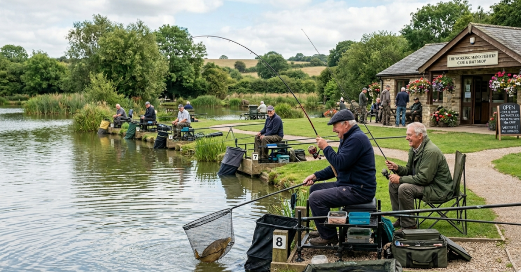 A scenic view of a commercial coarse fishery on a mild afternoon. Several older male anglers are spaced out along numbered wooden pegs at the water's edge, using tidy, practical tackle like keepnets and landing nets. In the foreground, one angler successfully nets a large carp while another watches and smiles. In the background, a stone café and bait shop titled "The Working Man's Fishery" features hanging flower baskets and a chalkboard sign, overlooking the rolling countryside hills.